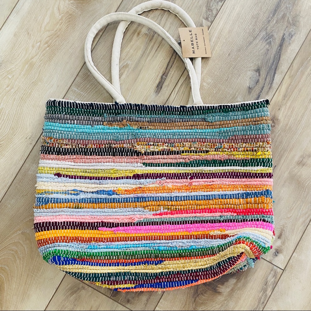 NWT Anthropologie Maybelle One of a Kind Handmade Rainbow Woven Large Bag Tote